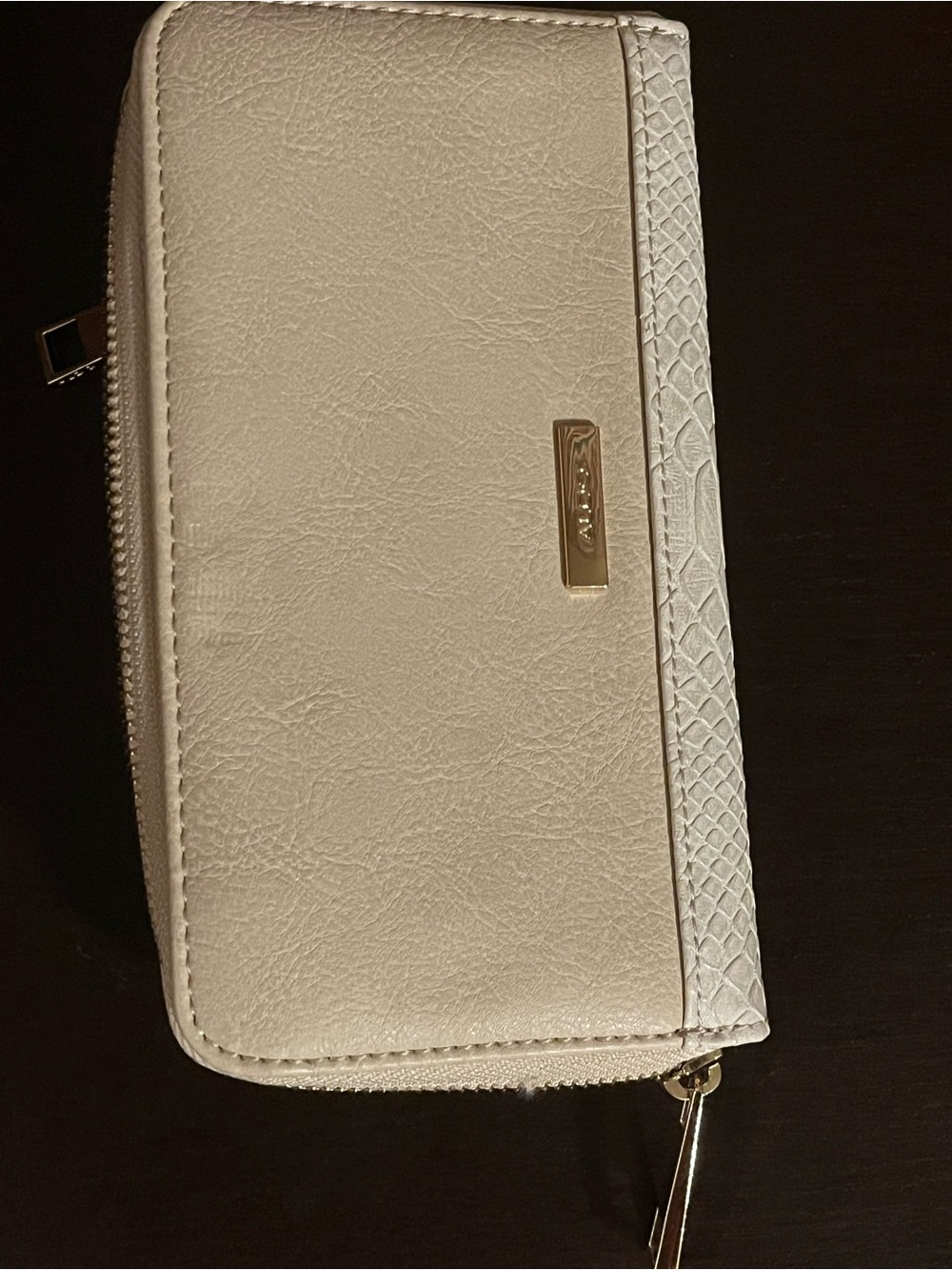 Aldo Cream Zip-Around Wallet with Textured Trim and Gold Hardware